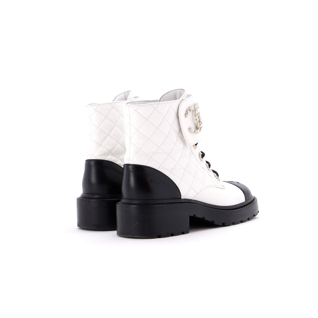 Women's Chain CC Cap Toe Lace Up Combat Boots Quilted Shiny Calfskin