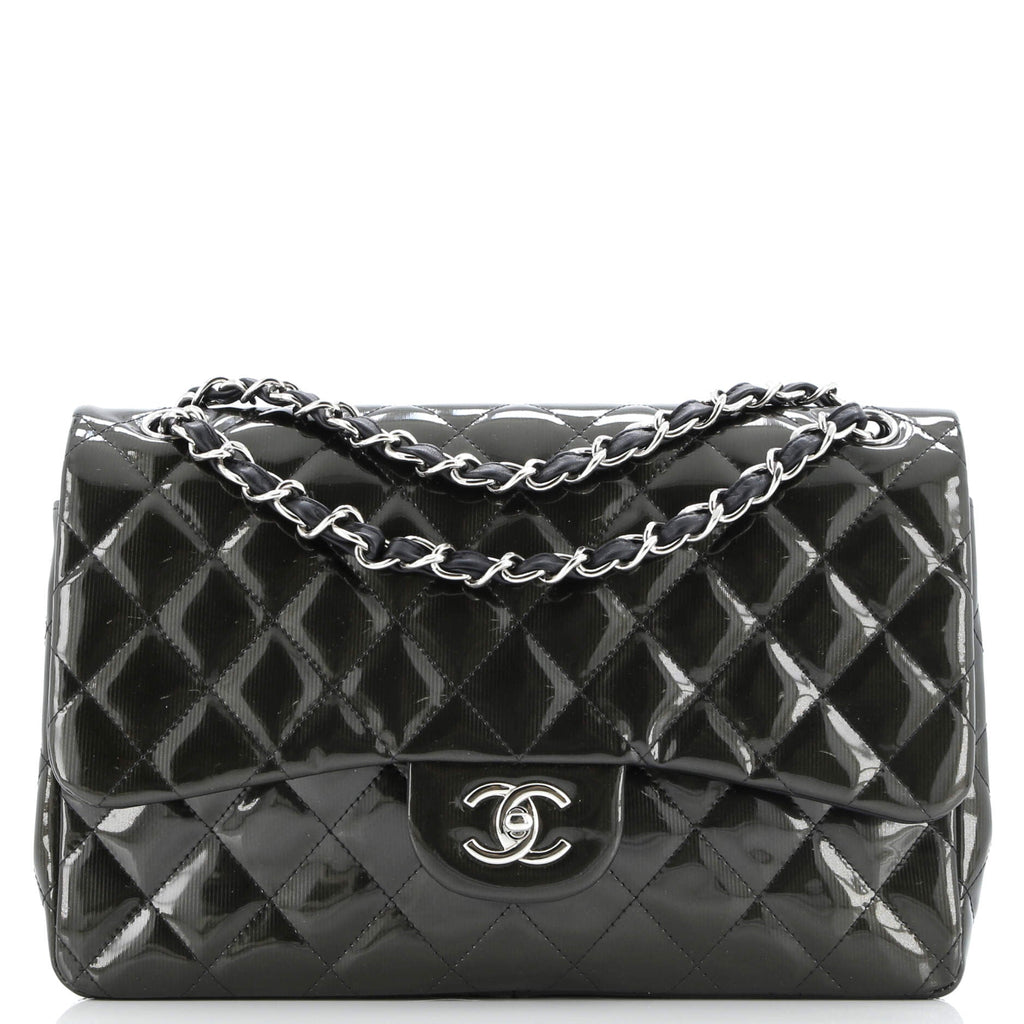 Classic Double Flap Bag Quilted Striated Metallic Patent Jumbo