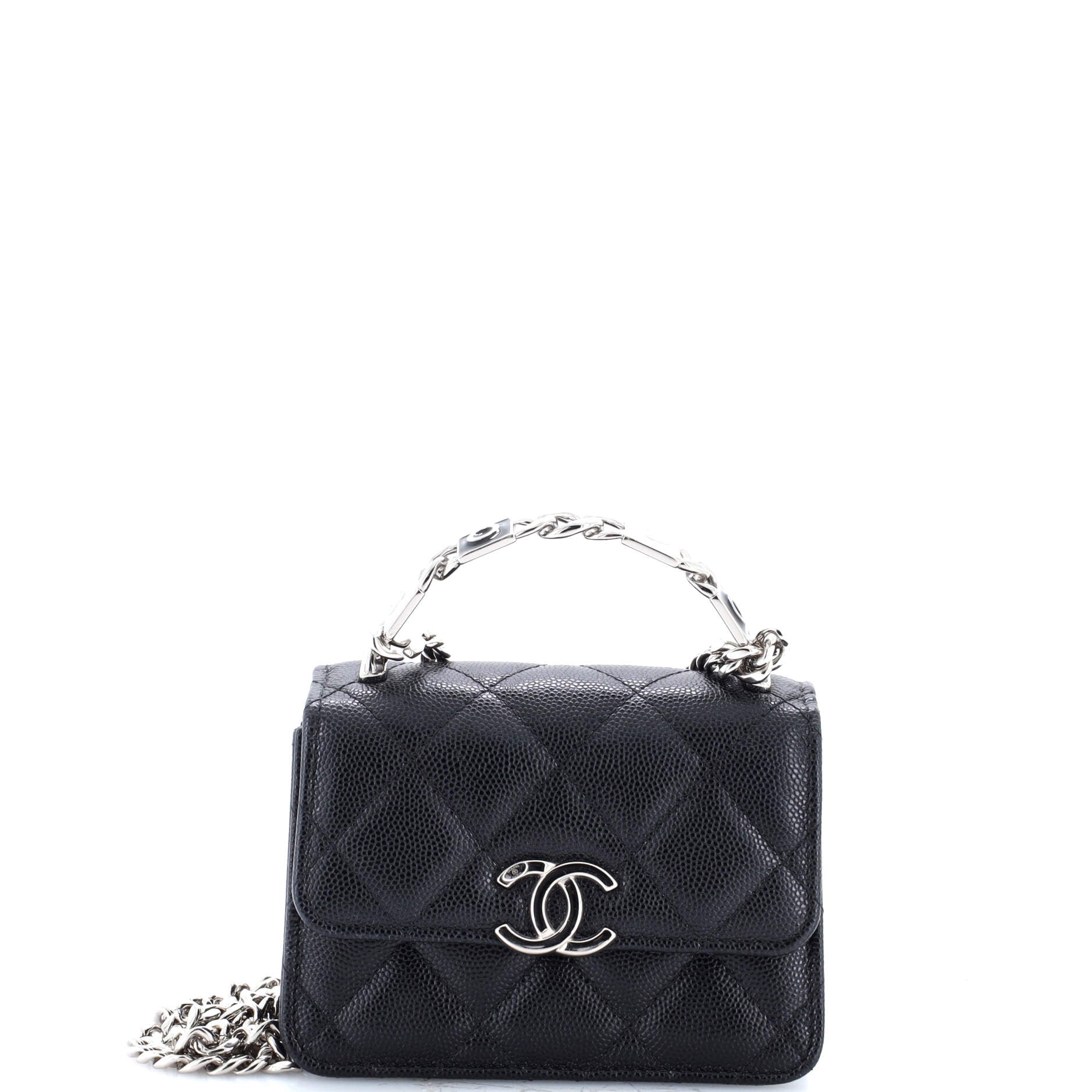 Coco Enamel Top Handle Flap Clutch with Chain Quilted Caviar