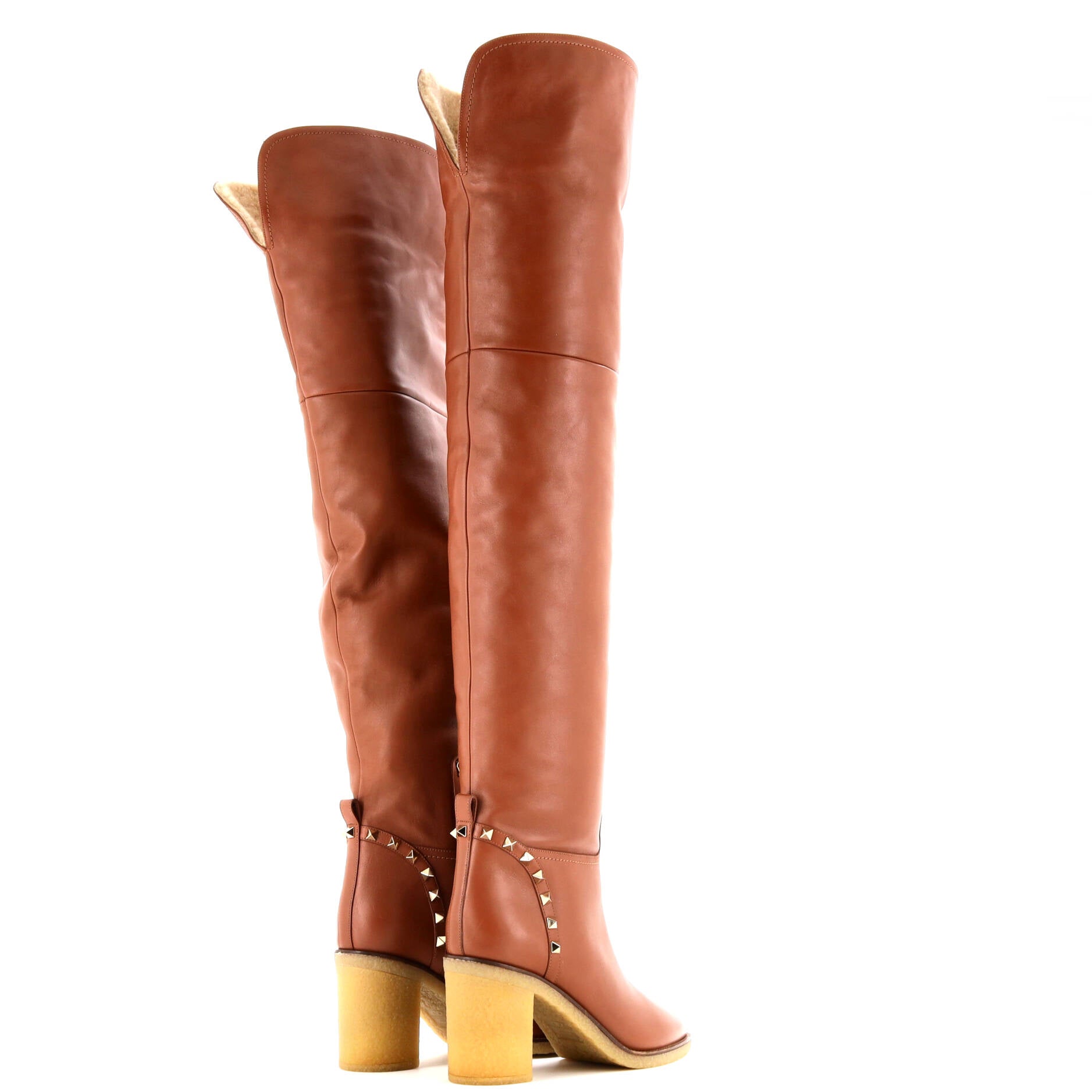 Women's Rockstud Over the Knee Block Heel Boots Leather with Shearling