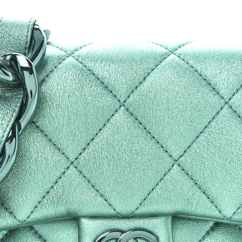 Metallic Lambskin Quilted Mini Lacquered Chain Flap Turquoise