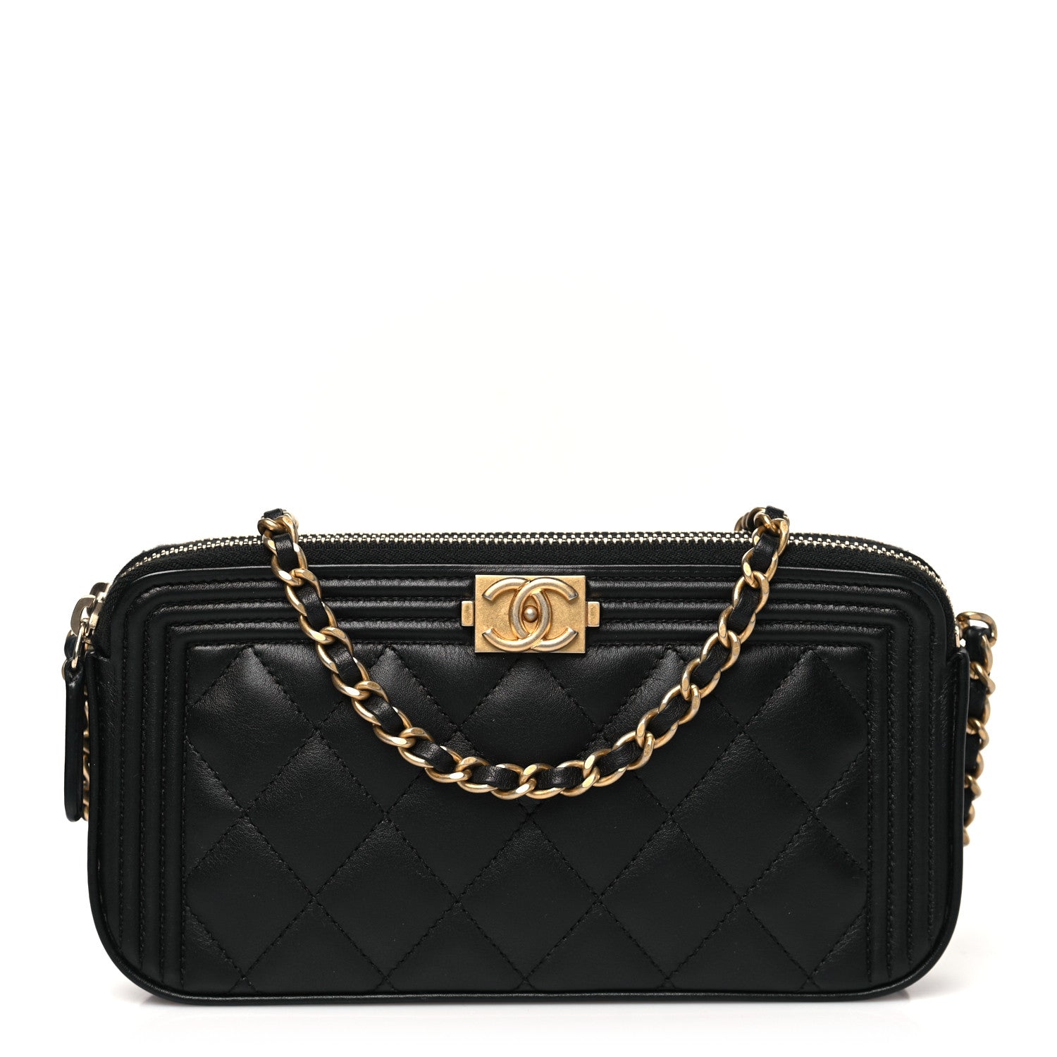 Lambskin Quilted Small Boy Clutch With Chain Black
