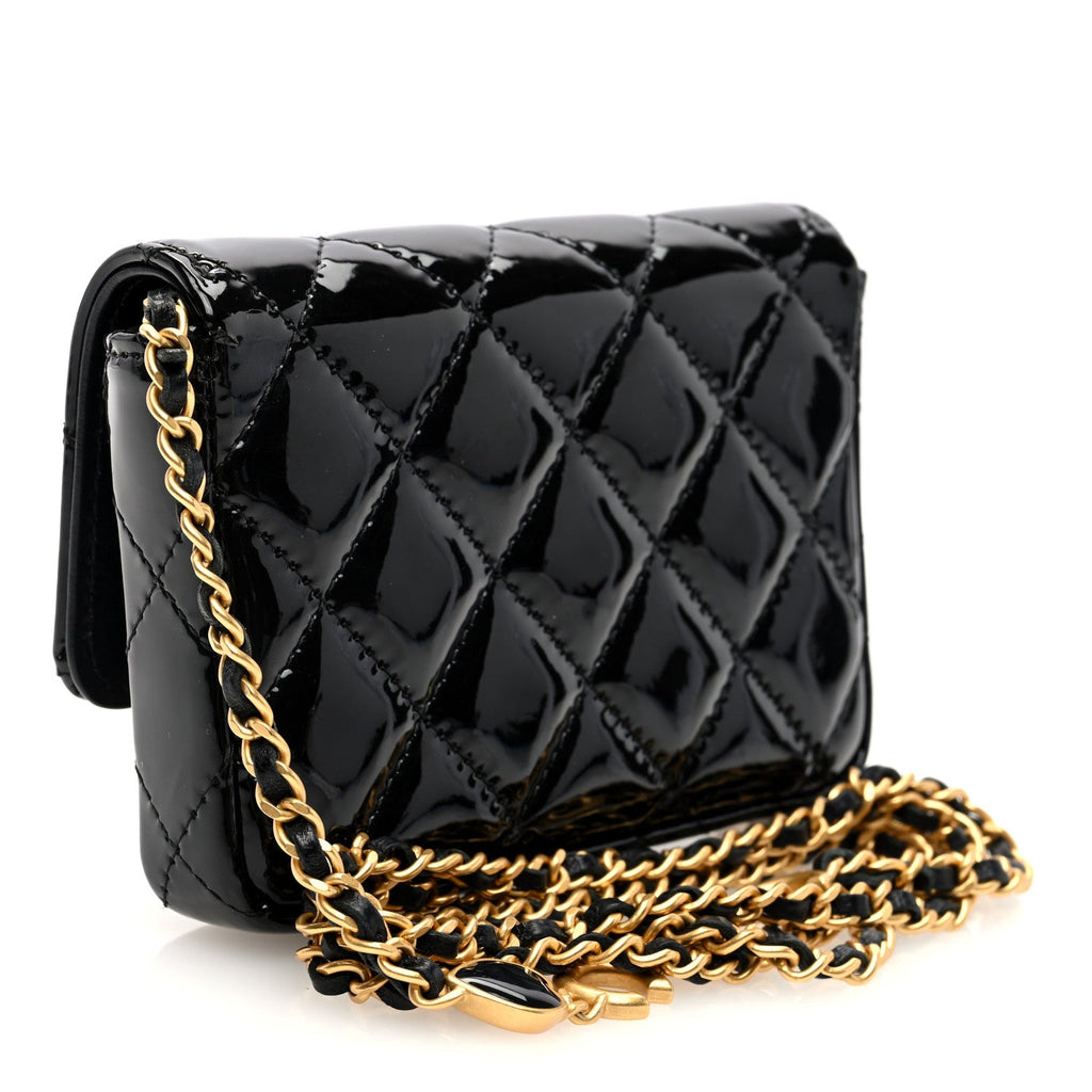 Patent Enamel Quilted Coco Hearts Clutch With Chain Black