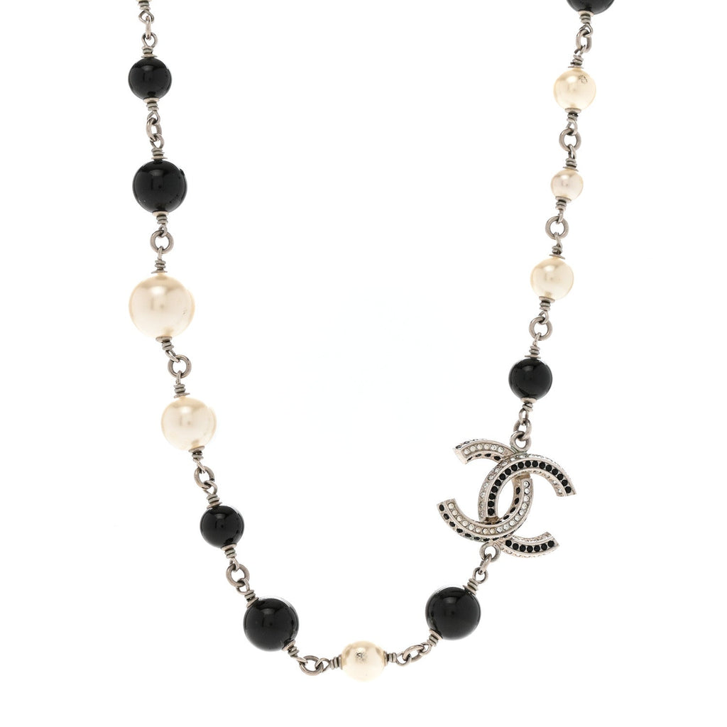 Pearl Crystal Bead CC Necklace Silver Black