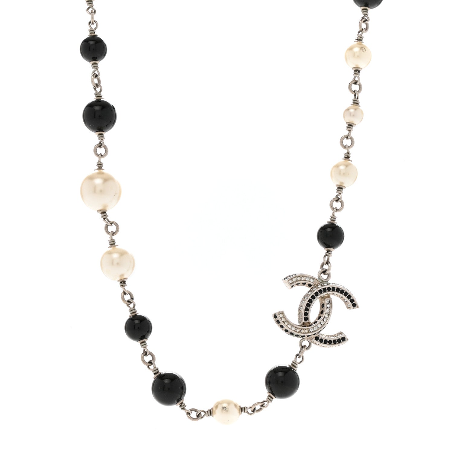 Pearl Crystal Bead CC Necklace Silver Black