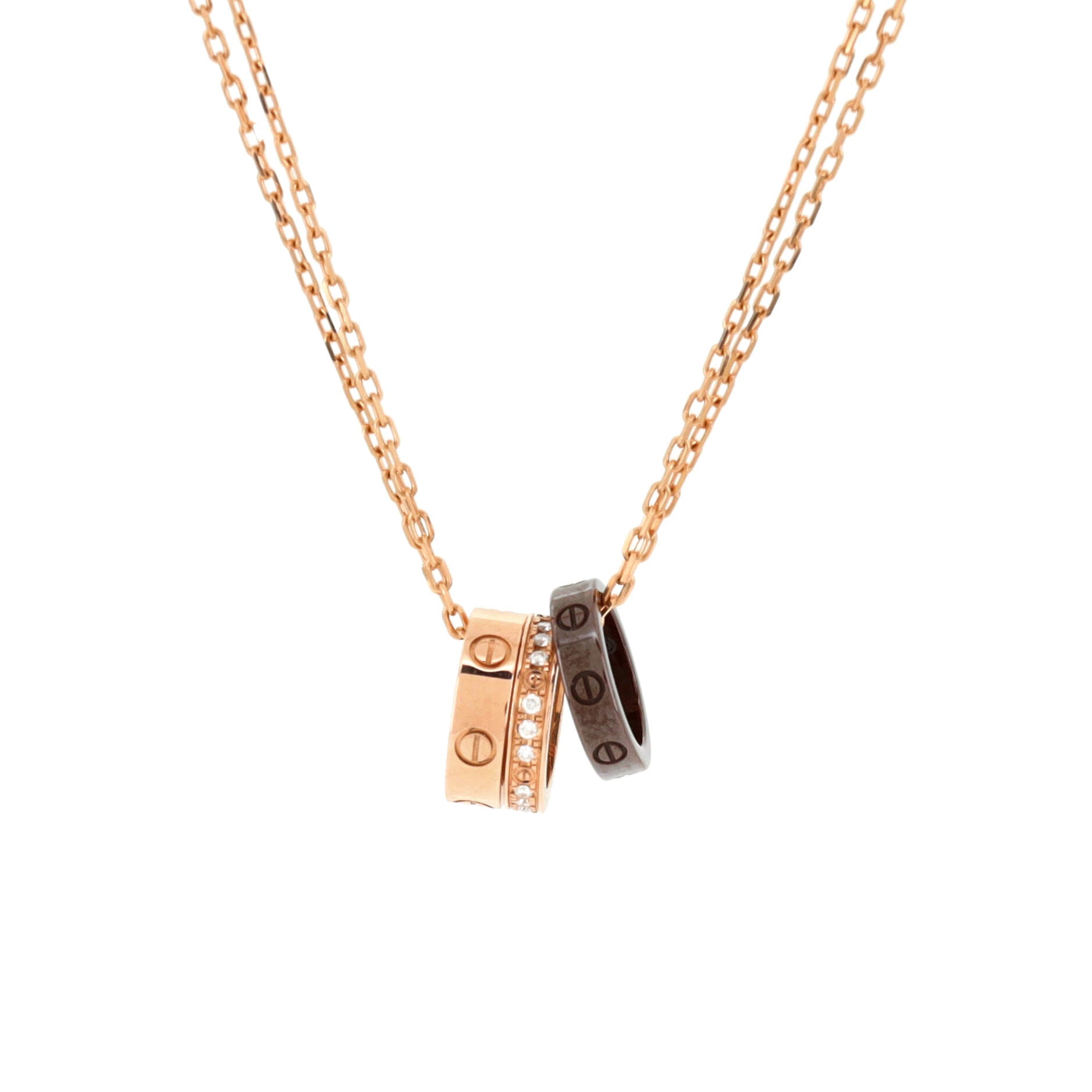 Love 3 Ring Pendant Necklace 18K Rose Gold and Ceramic with Diamonds