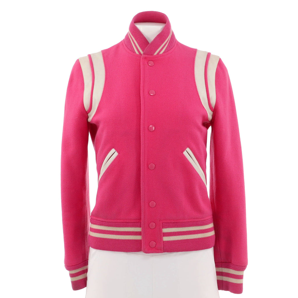 Women's Classic Teddy Bomber Jacket Wool Blend with Leather
