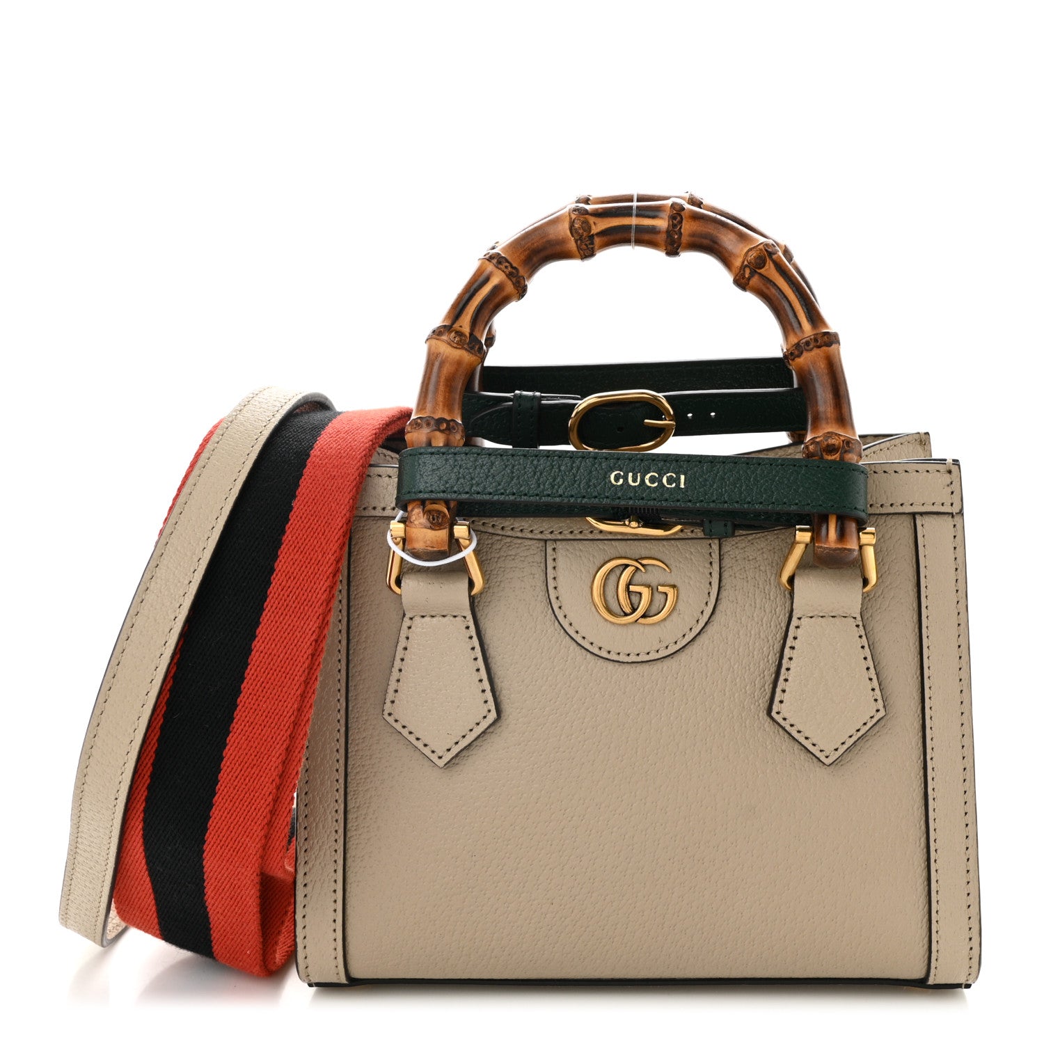 Textured Dollar Calfskin Web Mini Diana Tote Bag Oatmeal Vintage Green