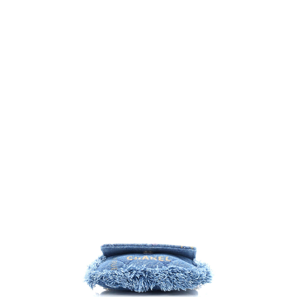Denim Mood Flap Clutch with Chain Logo Printed Quilted Fringe Denim
