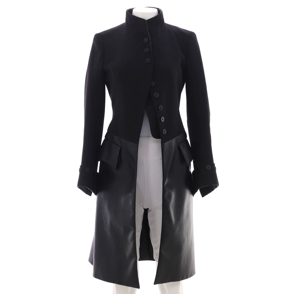 Women's Redingote Button Up Coat Cotton and Silk Blend with Leather