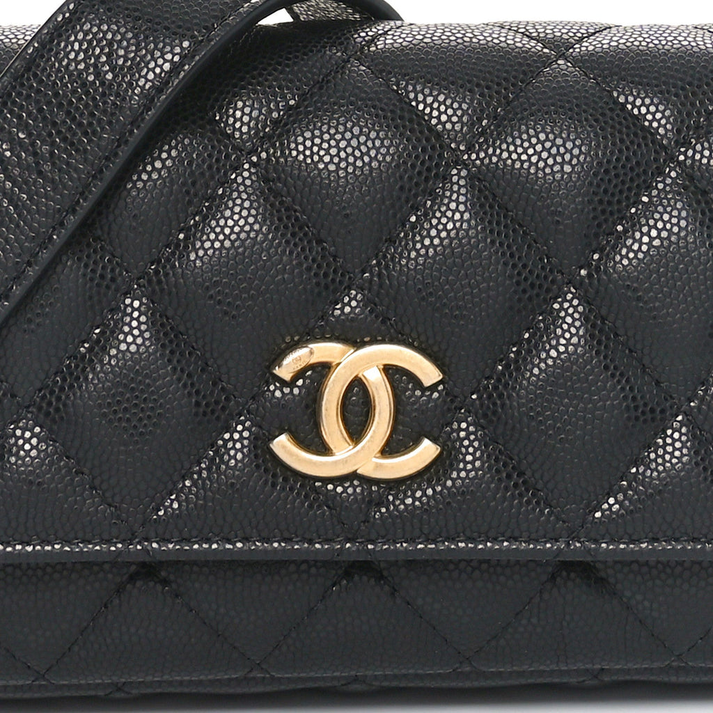 Caviar Quilted Yours Buttons Phone Holder With Chain Black