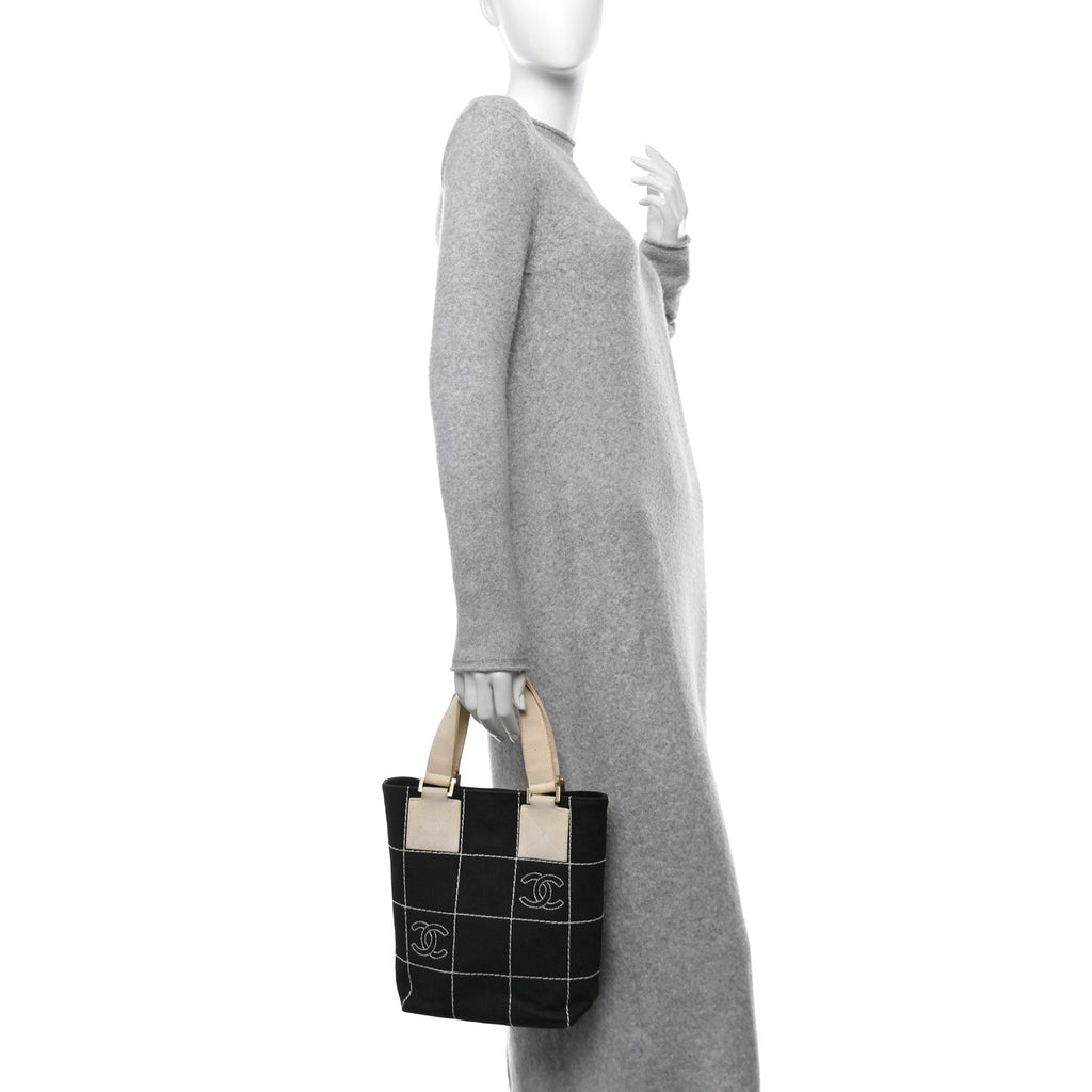 Canvas Square Stitched CC Small Tote Bag Black
