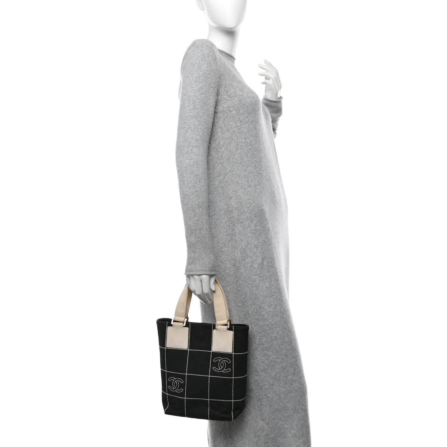 Canvas Square Stitched CC Small Tote Bag Black
