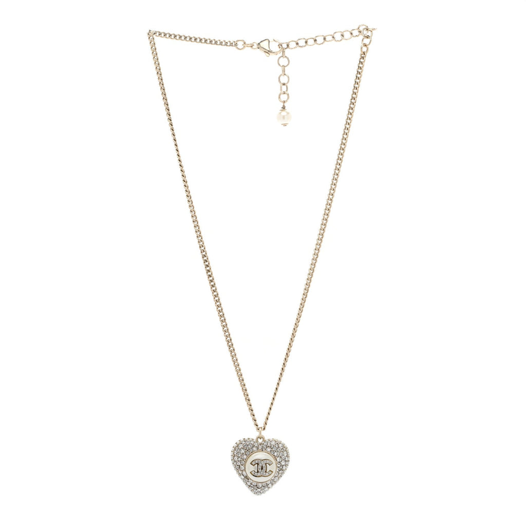 Pearl Crystal CC Heart Necklace Gold