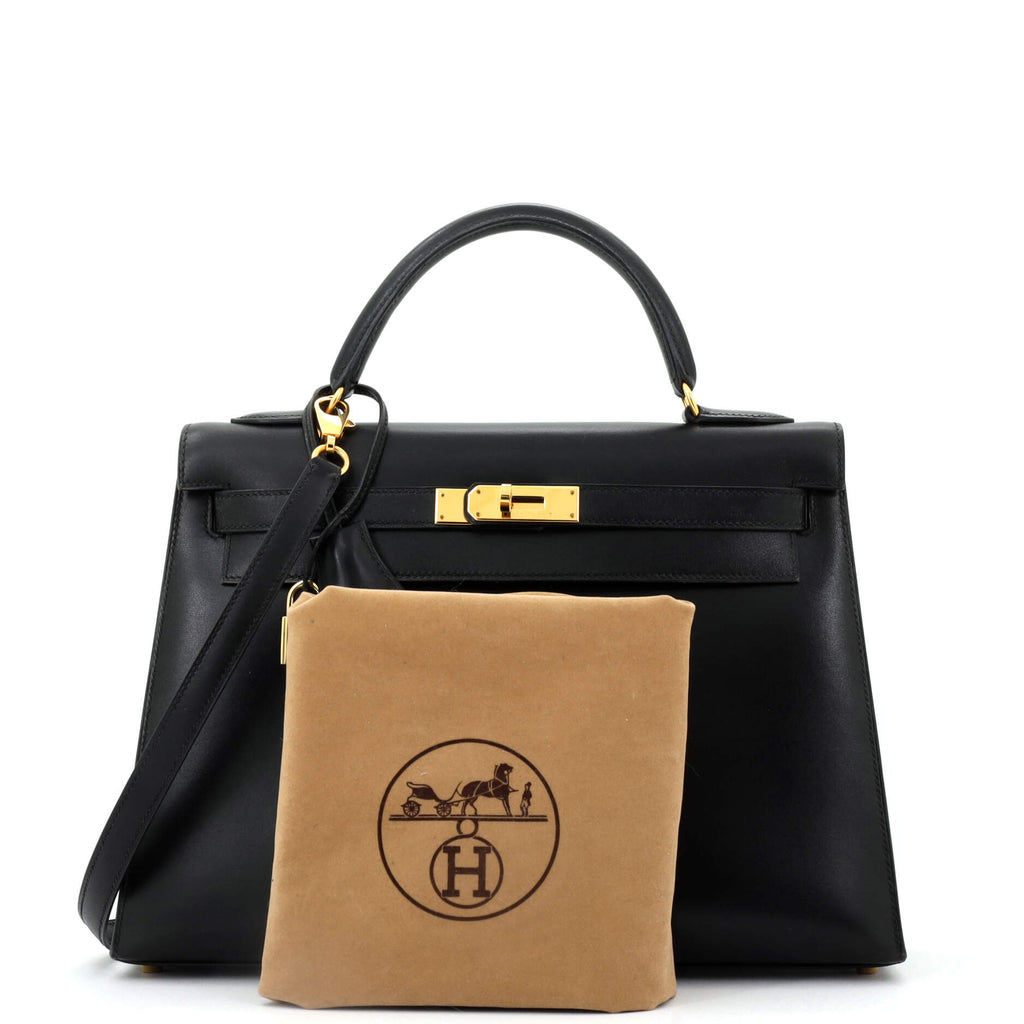 Kelly Handbag Noir Box Calf with Gold Hardware 32