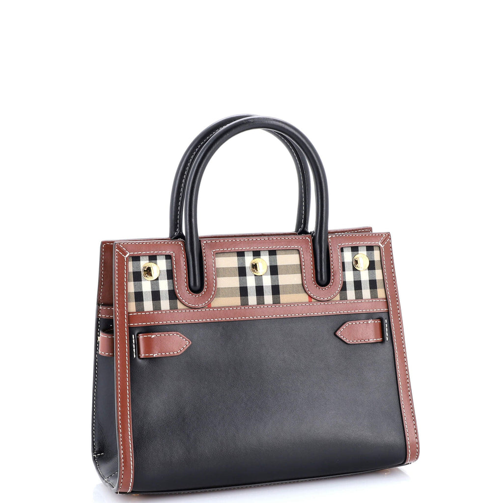 Title Two Handle Tote Leather with Vintage Check Canvas Mini