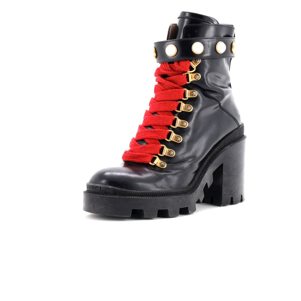 Women's Heeled Lace Up Combat Ankle Boots Leather with Faux Pearls