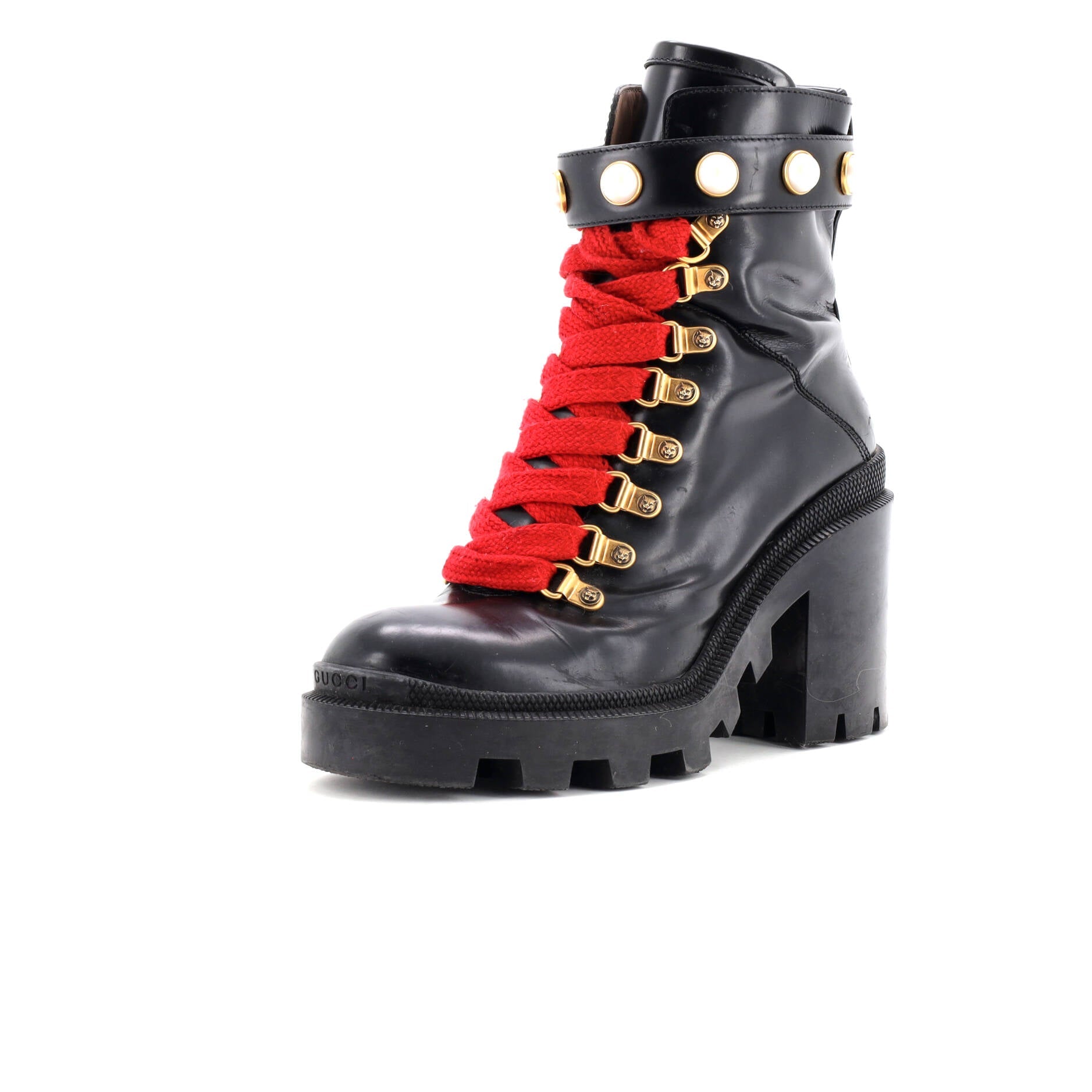 Women's Heeled Lace Up Combat Ankle Boots Leather with Faux Pearls