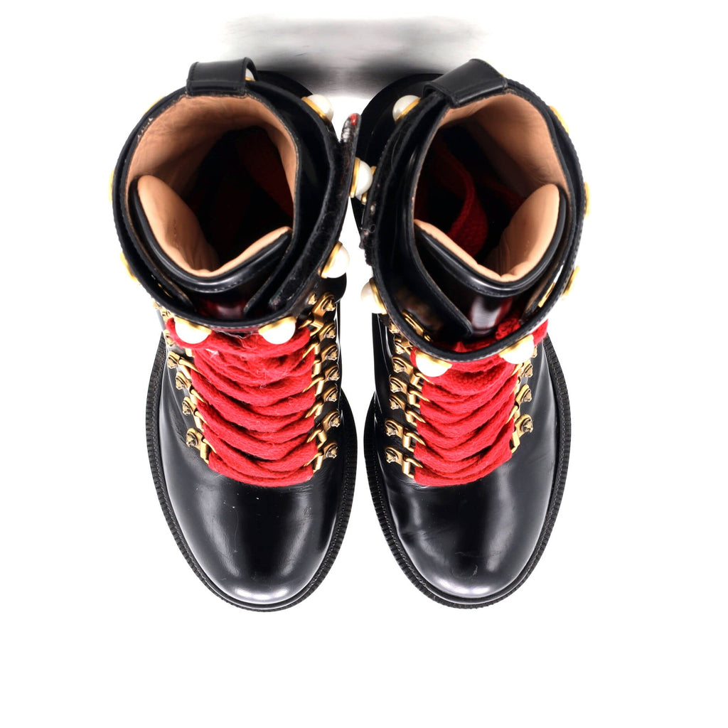 Women's Heeled Lace Up Combat Ankle Boots Leather with Faux Pearls