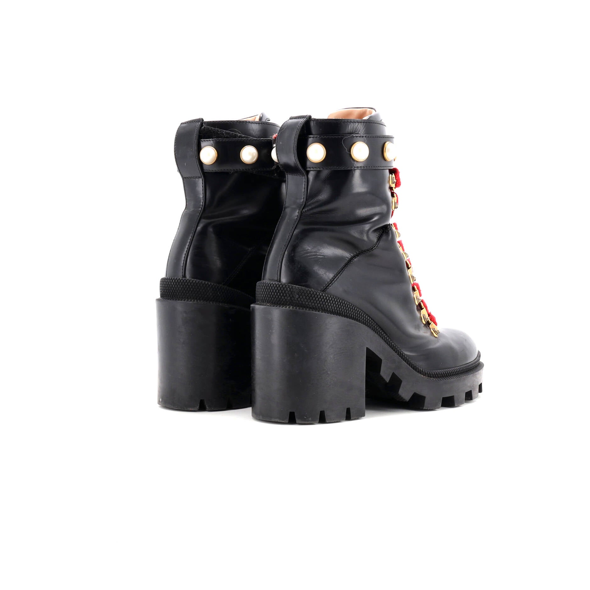 Women's Heeled Lace Up Combat Ankle Boots Leather with Faux Pearls