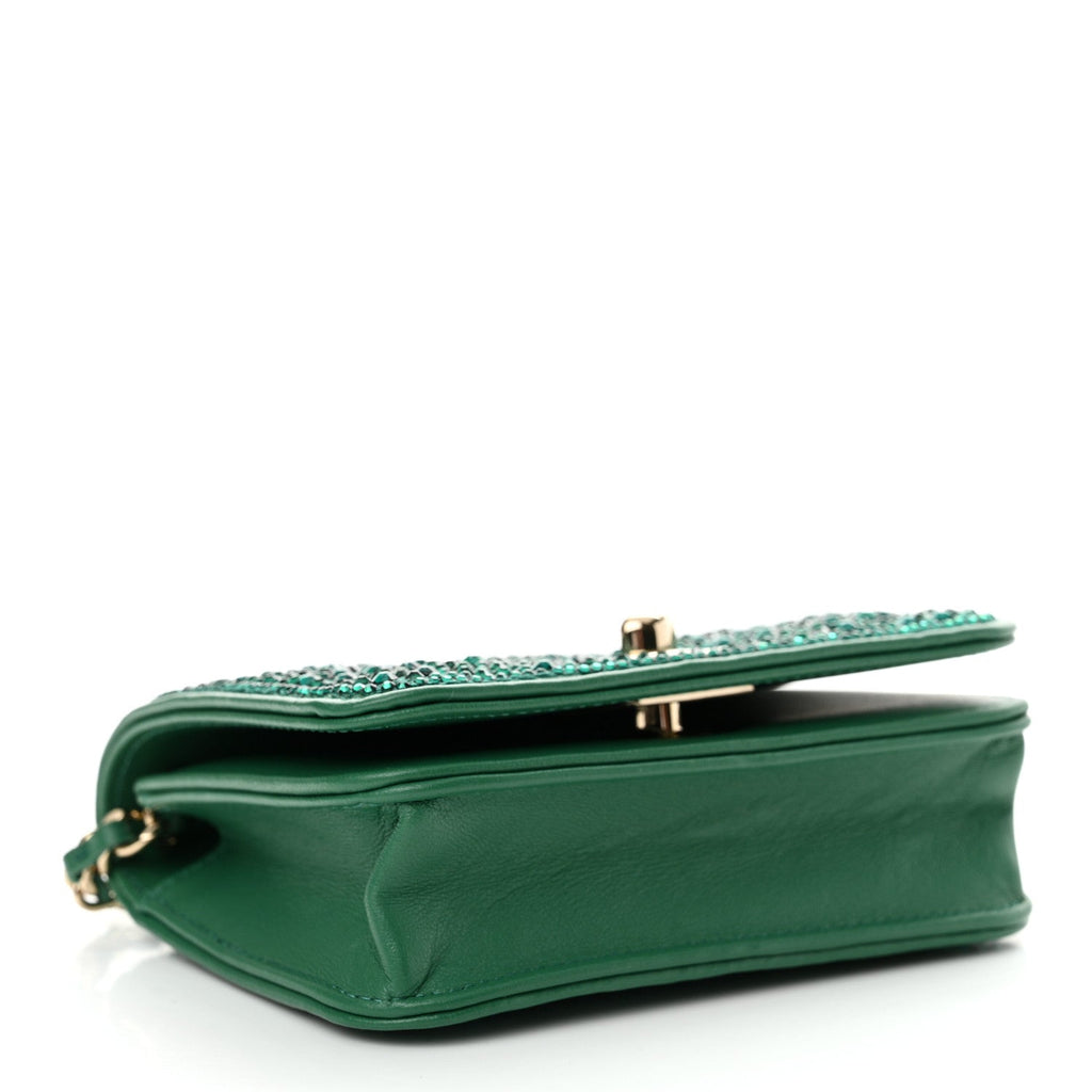 Lambskin Crystal Diamante Clutch With Chain Green