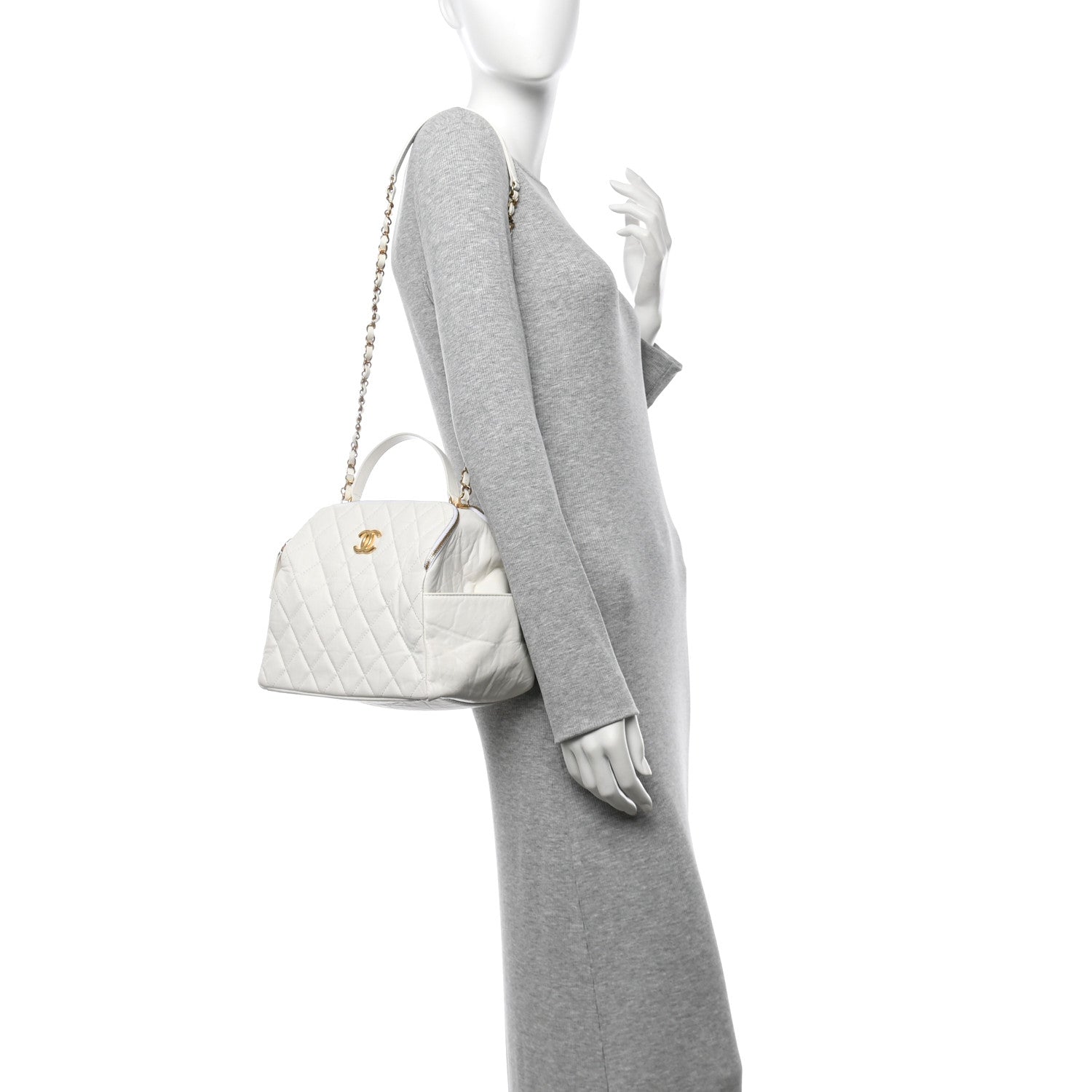 Aged Calfskin Quilted Double Sided Bowling Bag White