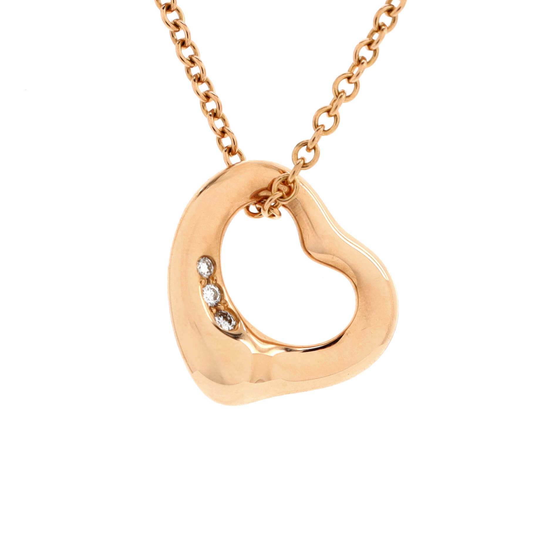 Elsa Peretti Open Heart 3 Diamonds Pendant Necklace 18K Rose Gold and Diamonds
