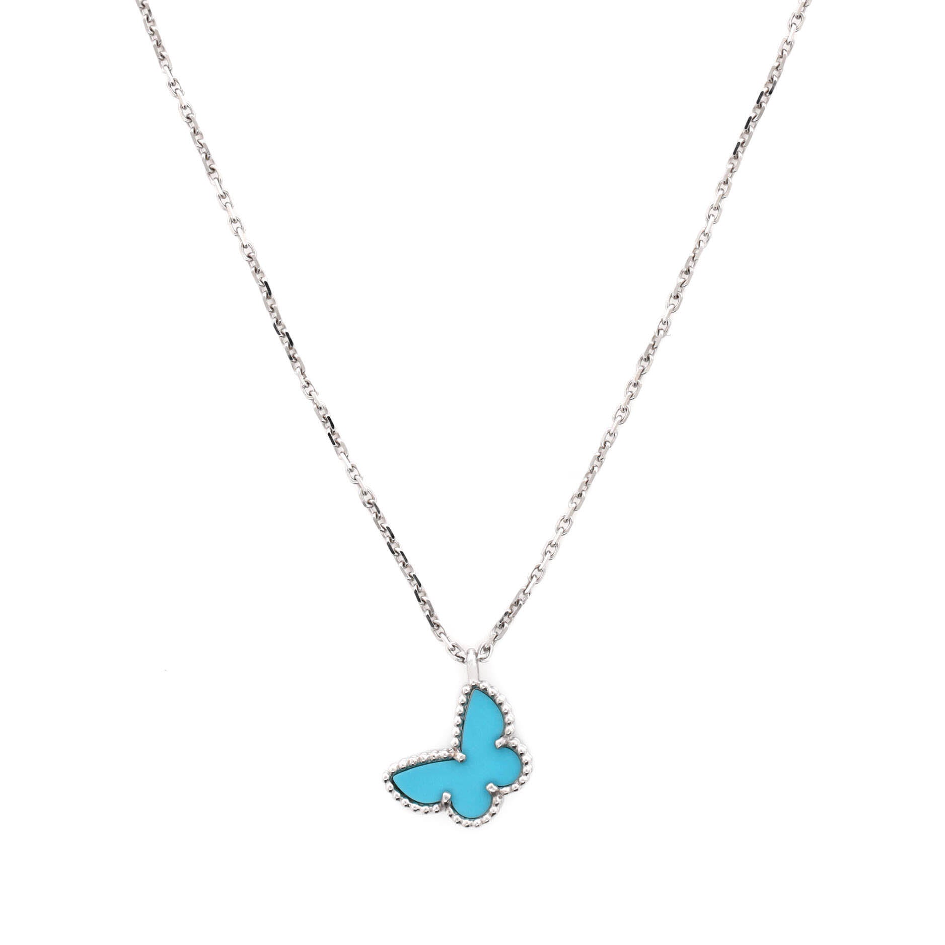 Sweet Alhambra Butterfly Pendant Necklace 18K White Gold with Turquoise