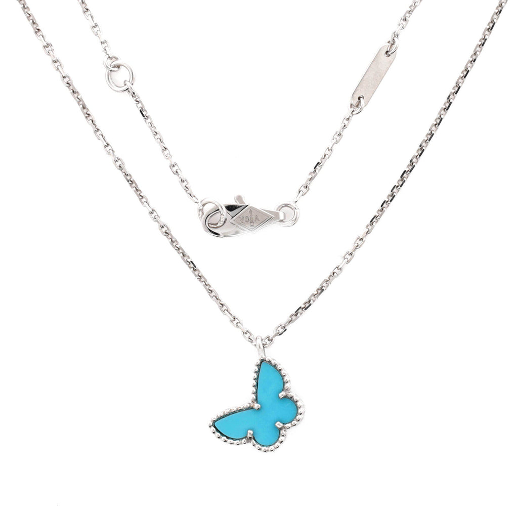 Sweet Alhambra Butterfly Pendant Necklace 18K White Gold with Turquoise