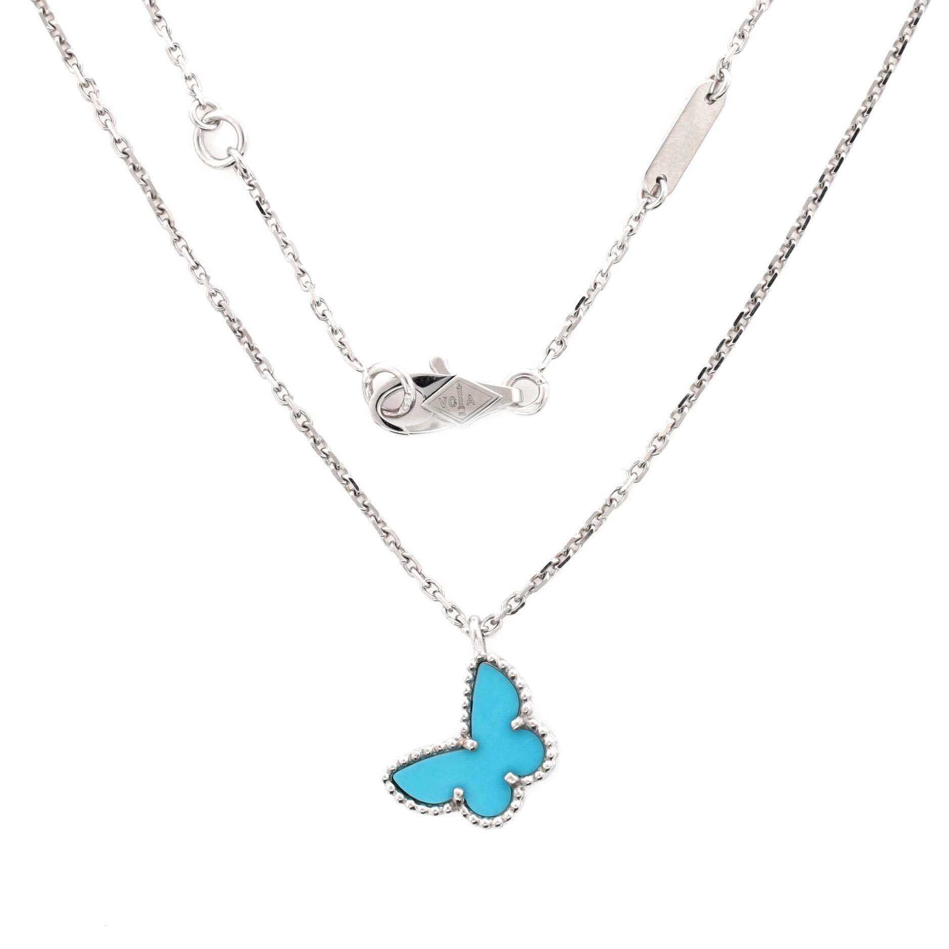 Sweet Alhambra Butterfly Pendant Necklace 18K White Gold with Turquoise