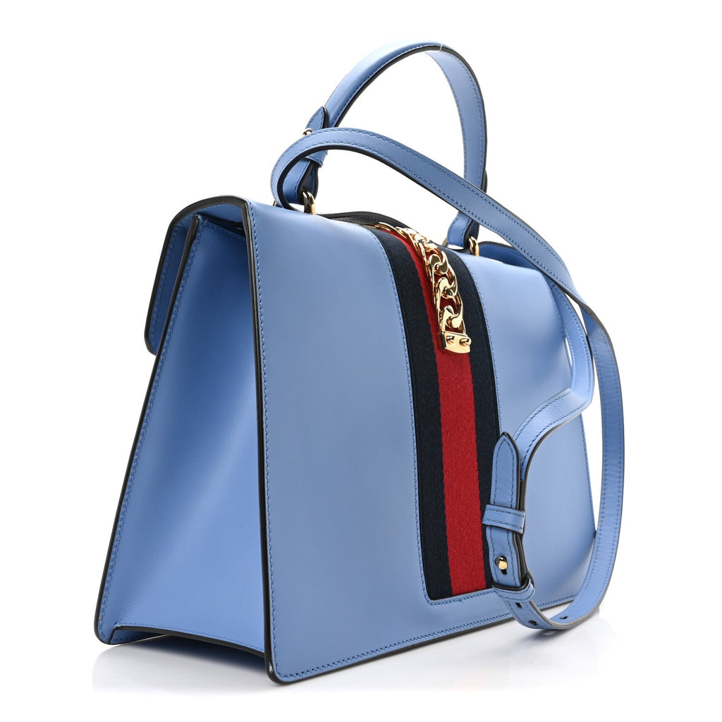 Calfskin Embroidered Medium Sylvie Top Handle Bag Clear Sky Blue
