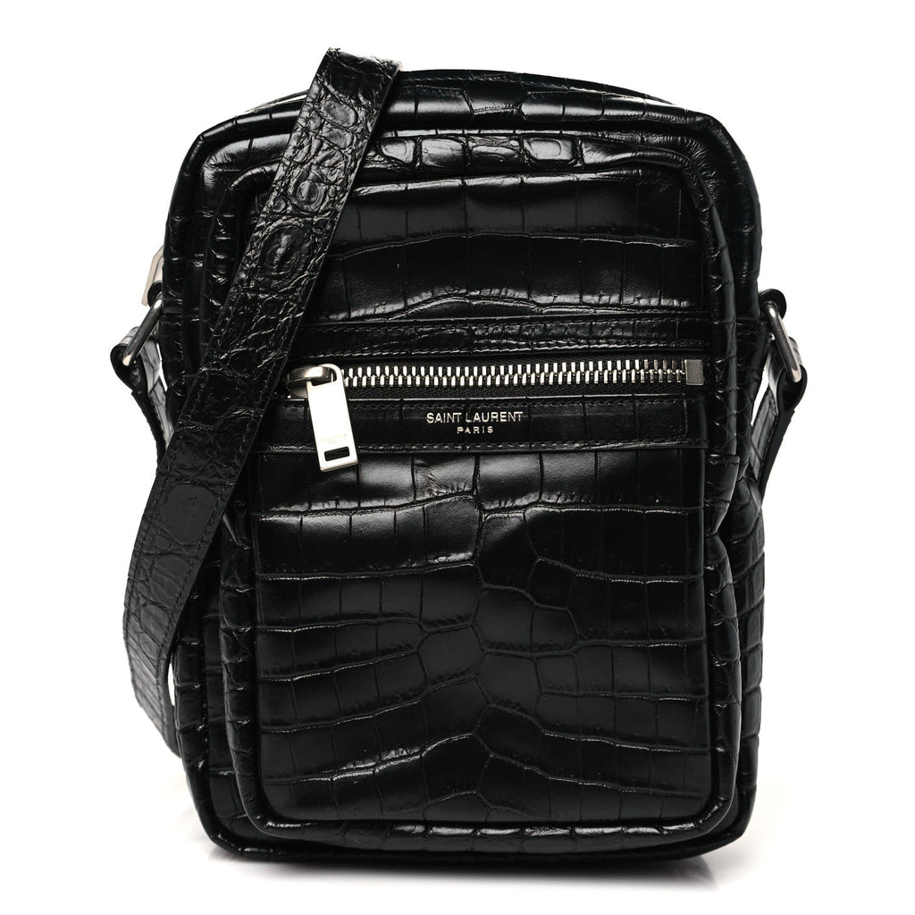 Calfskin Crocodile Embossed Sid Messenger Bag Black