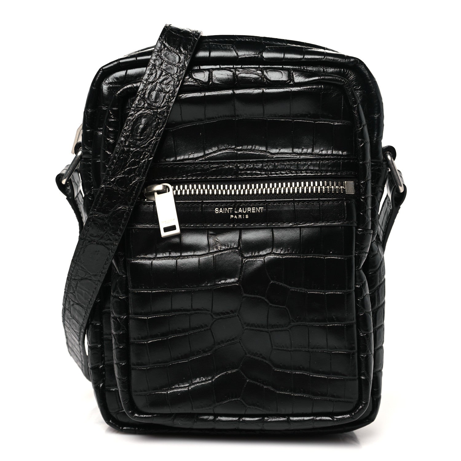 Calfskin Crocodile Embossed Sid Messenger Bag Black