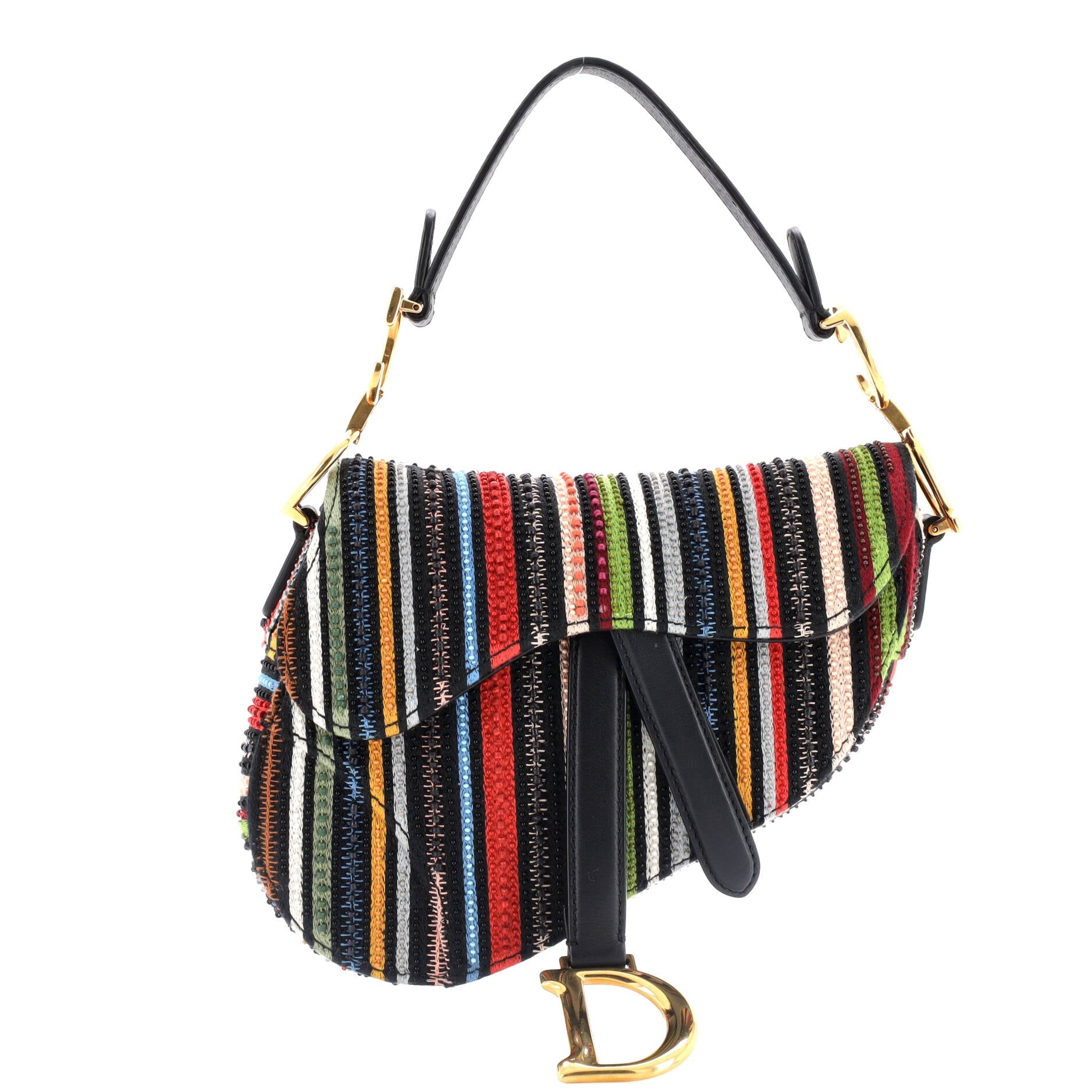 Saddle Handbag Embroidered Striped Canvas Mini