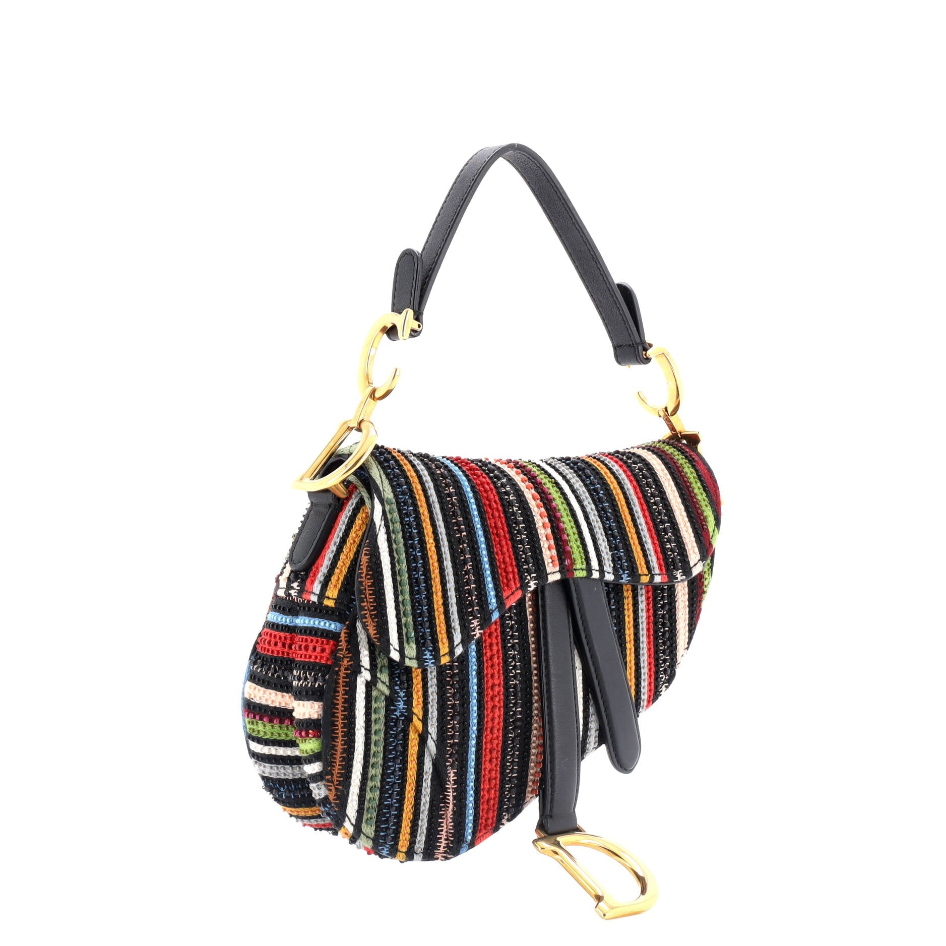 Saddle Handbag Embroidered Striped Canvas Mini