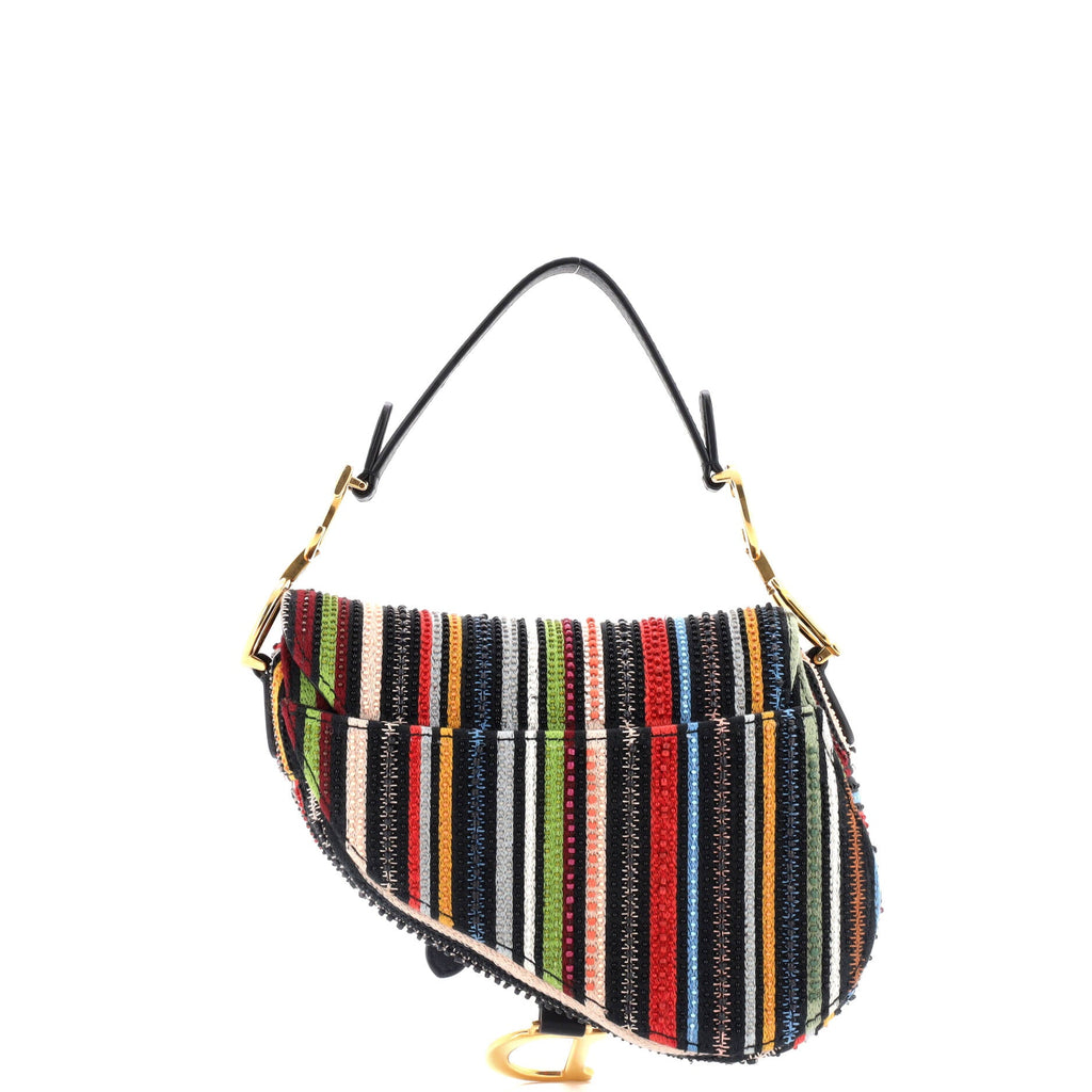 Saddle Handbag Embroidered Striped Canvas Mini