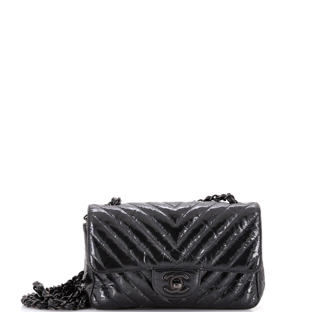 So Black Classic Single Flap Bag Chevron Crumpled Patent Mini