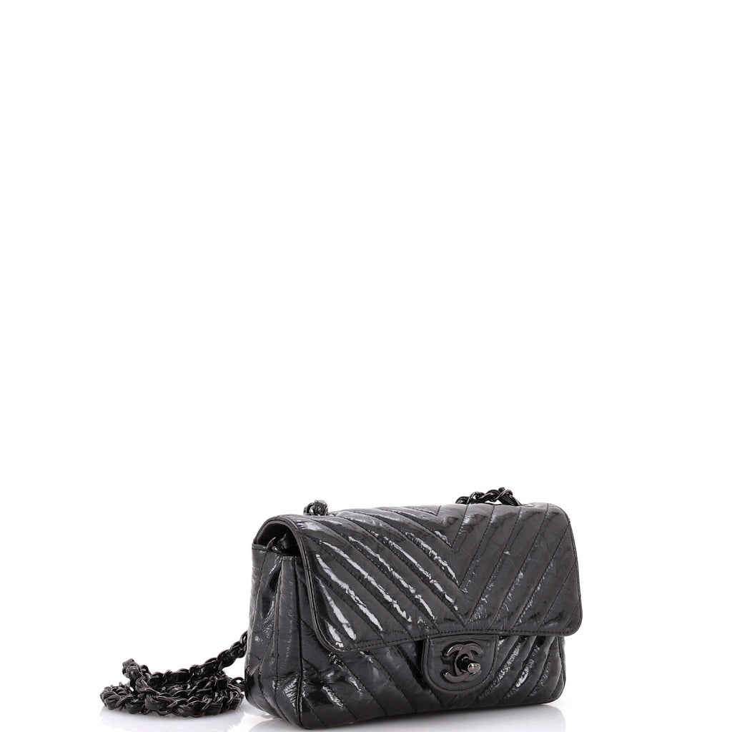 So Black Classic Single Flap Bag Chevron Crumpled Patent Mini