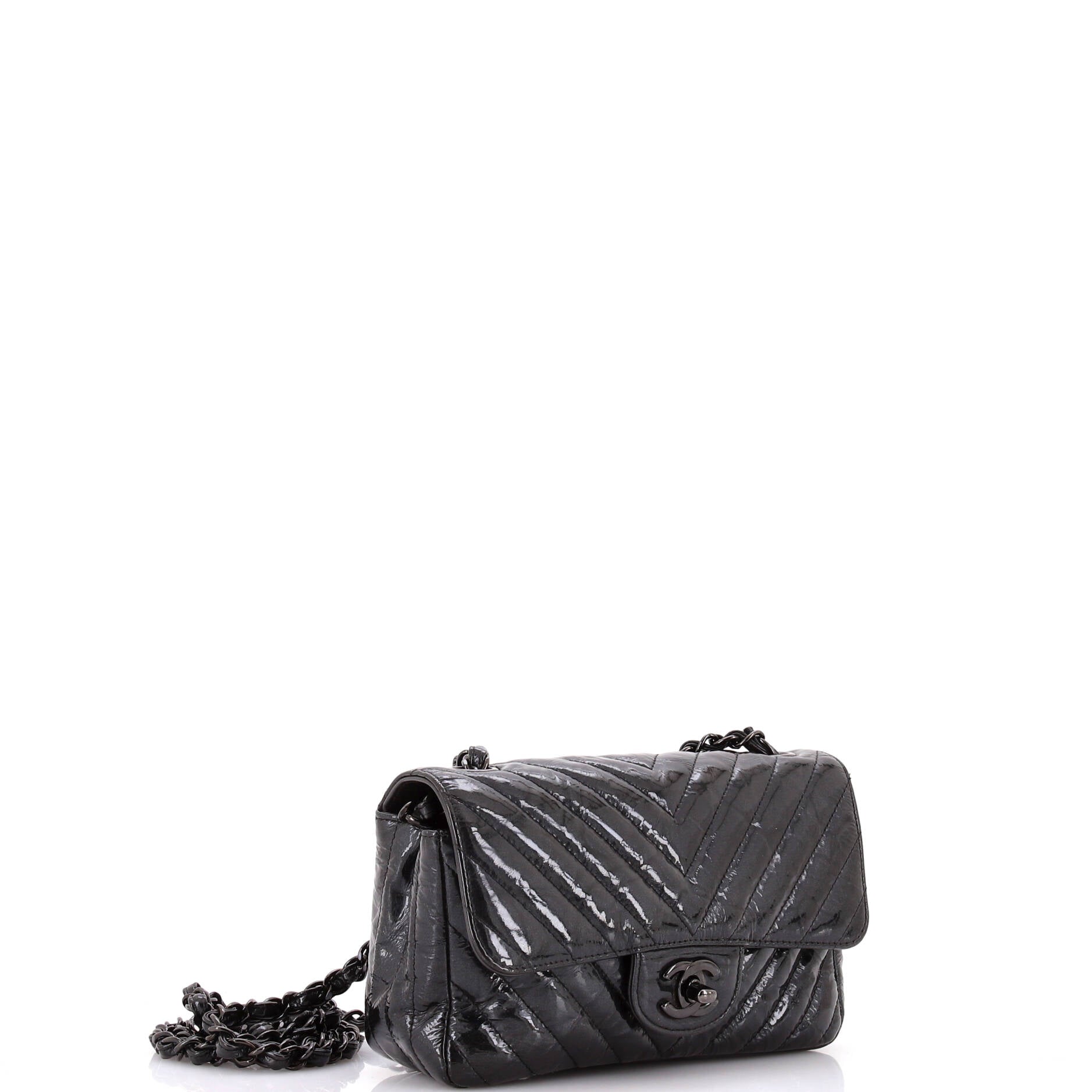 So Black Classic Single Flap Bag Chevron Crumpled Patent Mini