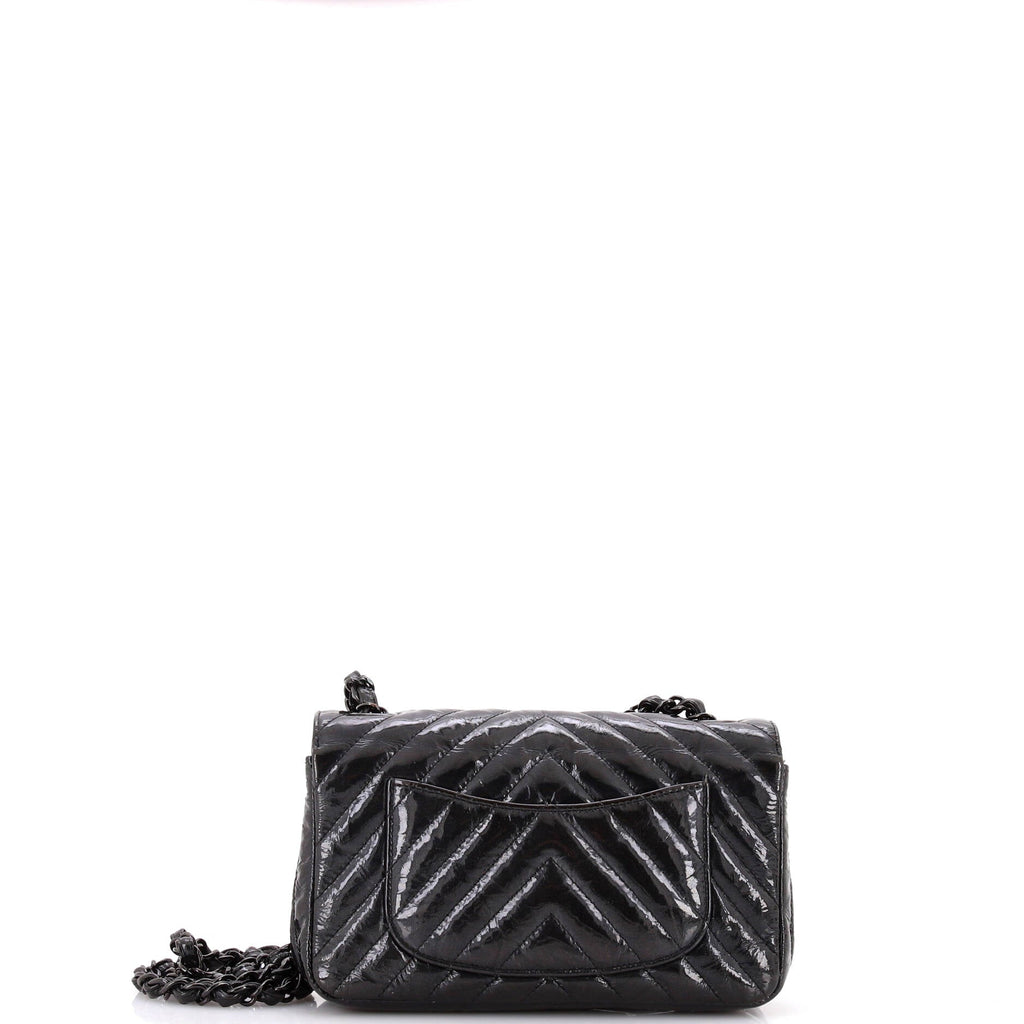 So Black Classic Single Flap Bag Chevron Crumpled Patent Mini