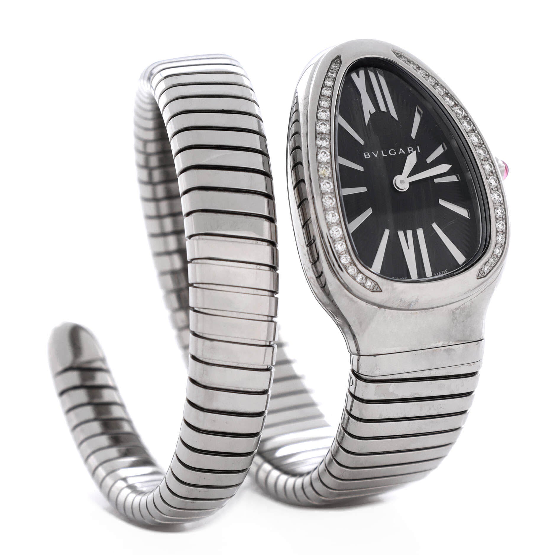 Serpenti Tubogas Single Spiral Quartz Watch Stainless Steel with Diamond Bezel 23