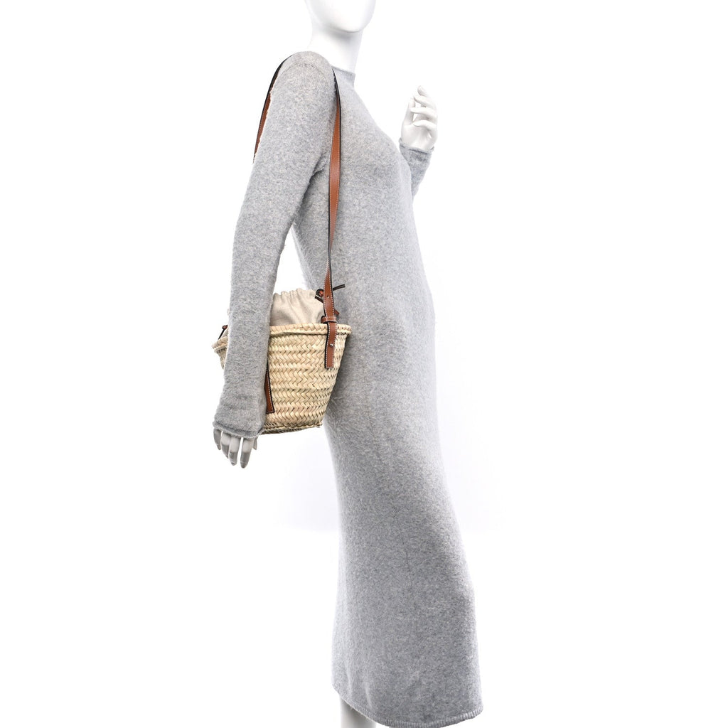 Leaf Palm Calfskin Mini Drawstring Bucket Bag Natural Tan