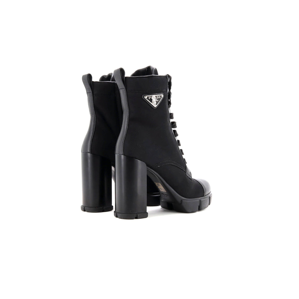 Women's Triangle Logo Heeled Ankle Boots Nylon and Leather