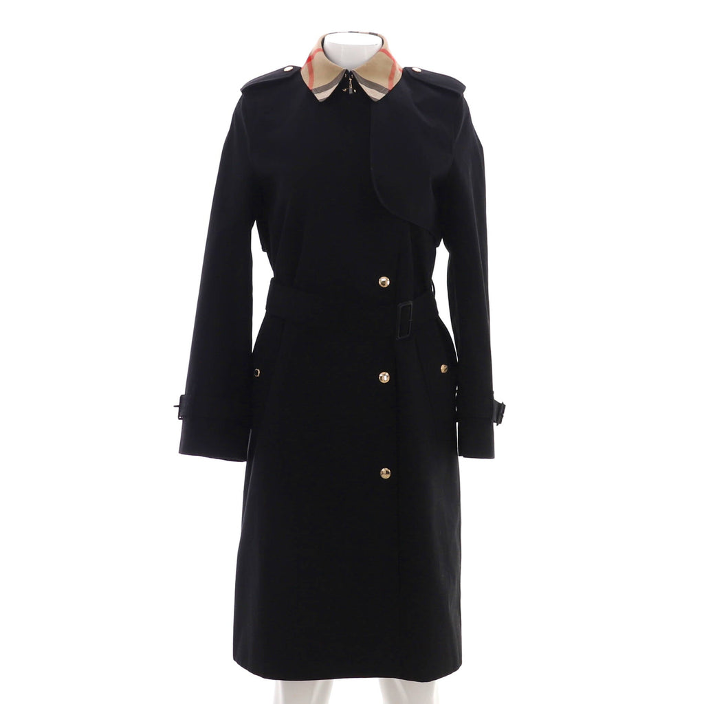 Women's Check Collar Double Breasted Long Trench Coat Cotton