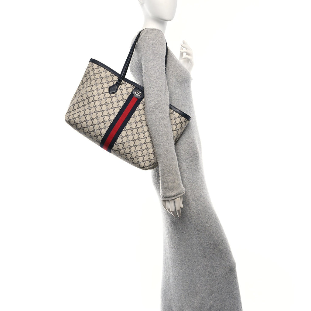 GG Supreme Monogram Textured Calfskin Web Medium Ophidia Shopping Tote Beige Blue