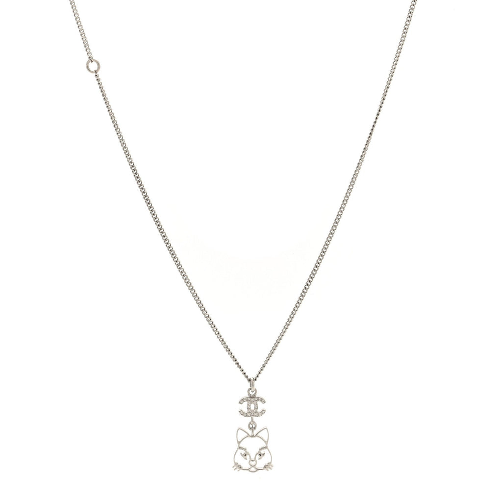 Crystal Emoji Choupette Cat Pendant Necklace Silver