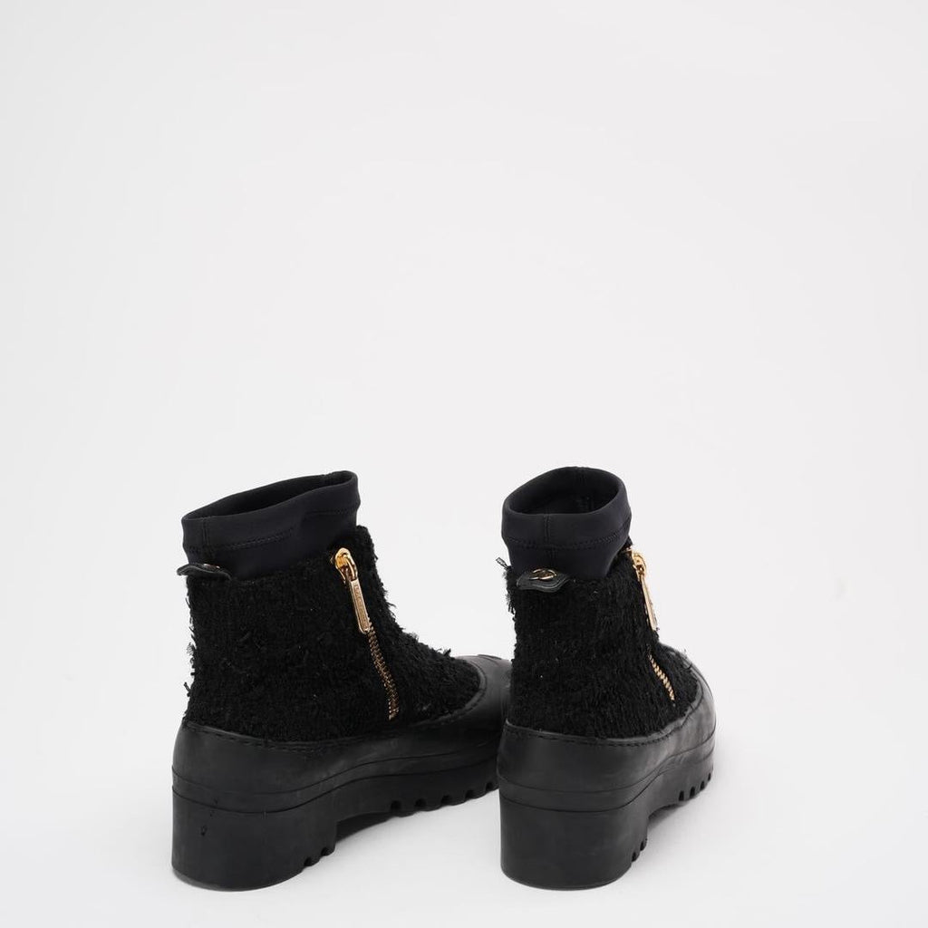 Chanel Black Tweed Rubber CC Short Boots Size 40