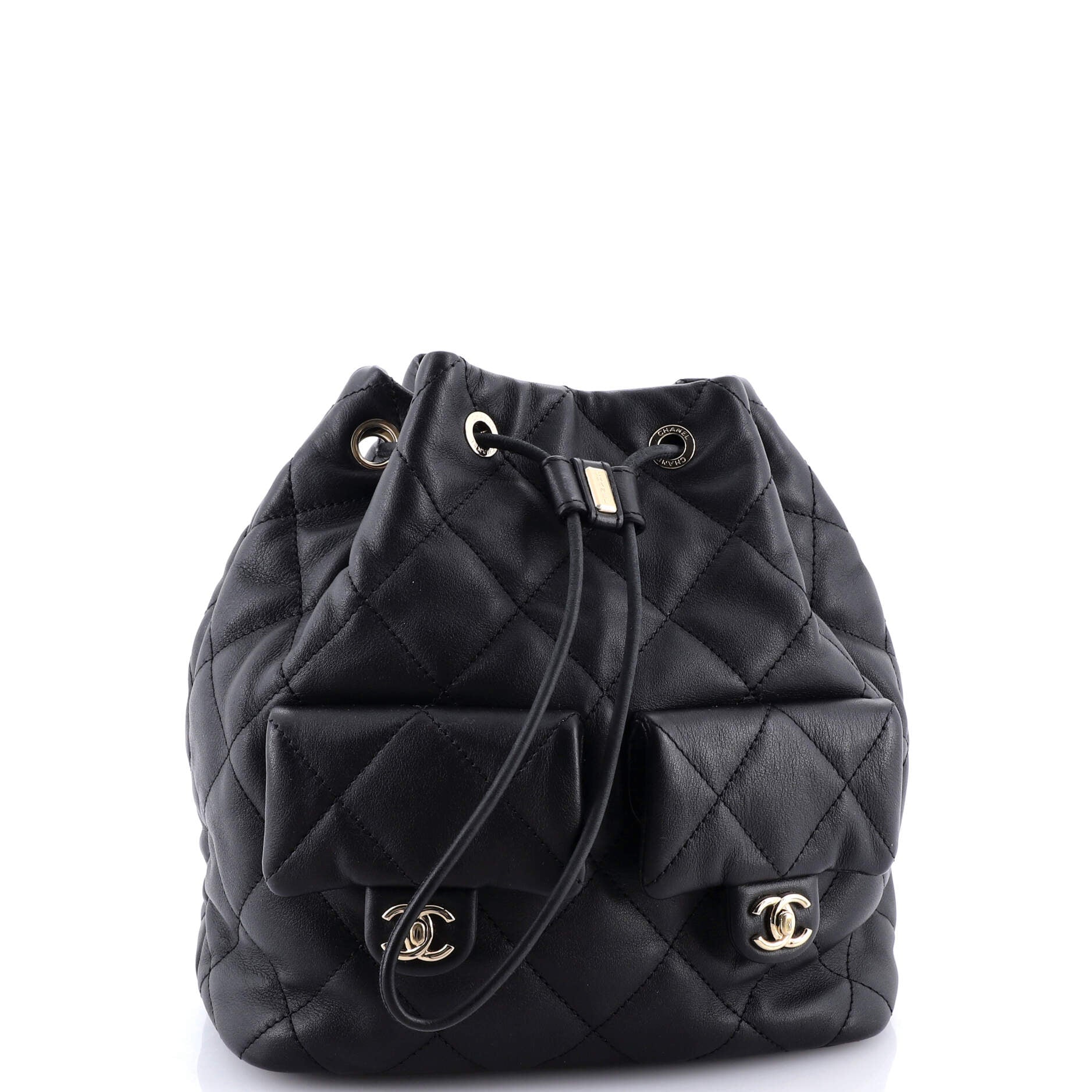 Double Pocket Drawstring Backpack Quilted Calfskin Small