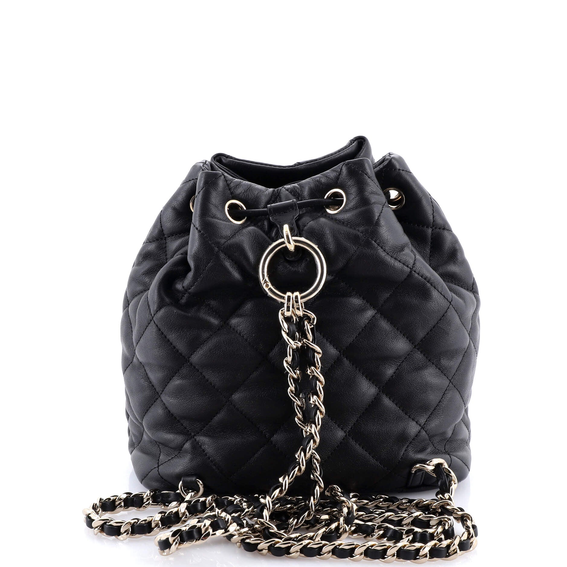 Double Pocket Drawstring Backpack Quilted Calfskin Small