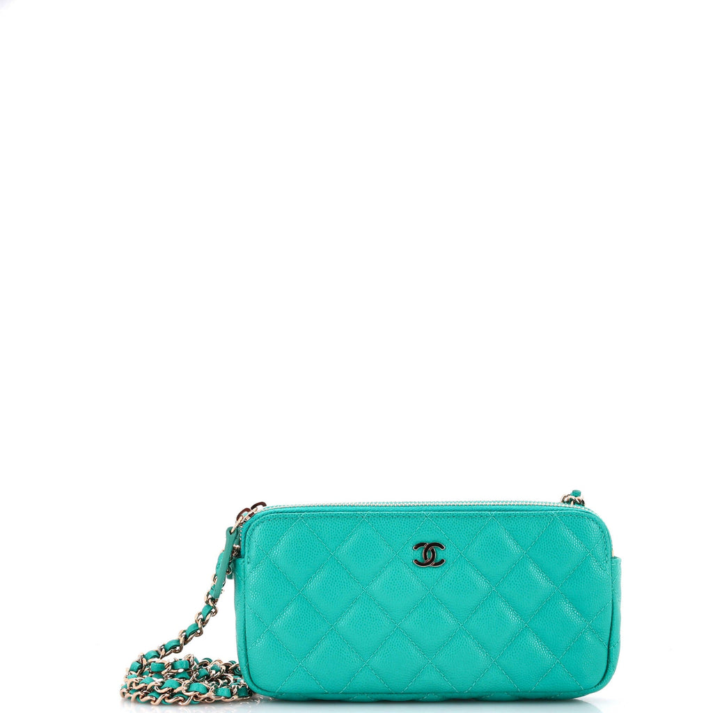 Double Zip Clutch with Chain Quilted Caviar